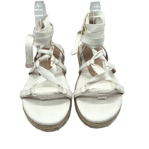 Stuart Weitzman Altdup Canvas Espadrille Wrap Sandals Cream Straps Size 7B - Picture 2 of 8